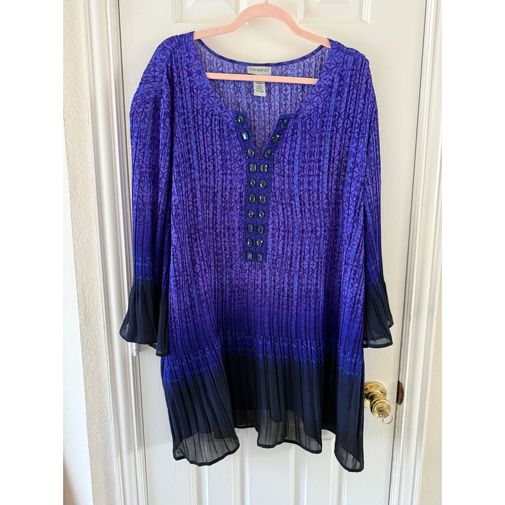 Catherines 5X Purple Ombre Tunic Top Plus‎ Size Beaded Detail Long Sleeve Blouse